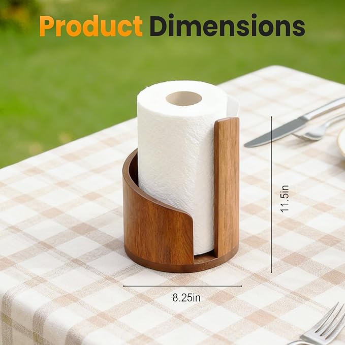 Mountain Paper Towel Holder Countertop, 2026 Upgrade 100% Natural Mango Wood Round Base and Iron Holder, Wooden Paper Towel Holder for Kitchen Roll Organize Dining Table Home Decor (Black)