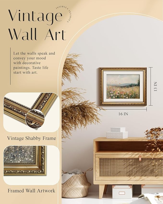 InSimSea Gold Picture Framed Wall Art, Living Room Vintage Field of Wildflowers Wall Decor, Nature Landscape Canvas Print Art, Home Farmhouse Decor, Antique Paintings with Frame 13x16inch