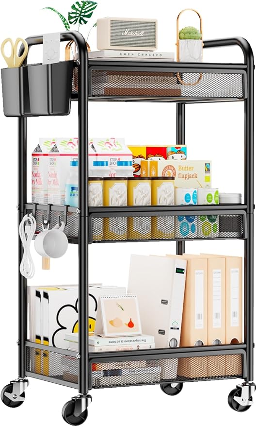 3 Tier Metal Rolling Cart, Art Workspace, Bedside Storage by YASONIC