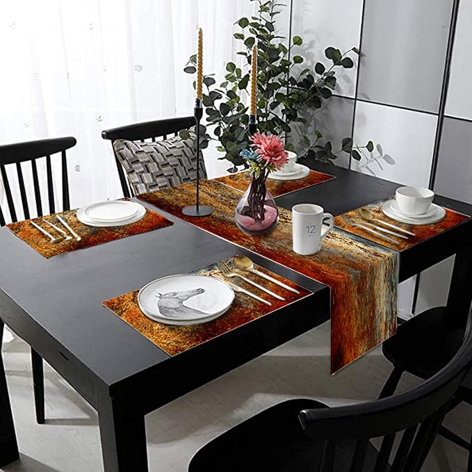 Brown Rust Table Runner and Place Mats Set of 6 Abstract Colorful Metal Steel - Image 5