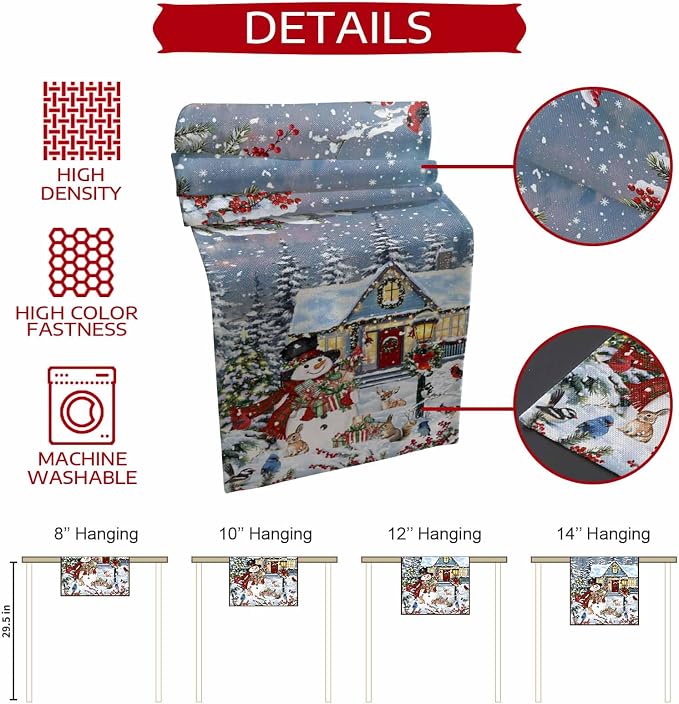 Merry Christmas Table Runner 60 Inches Long, Xmas Trees Snowman Snowflake Table - Image 7