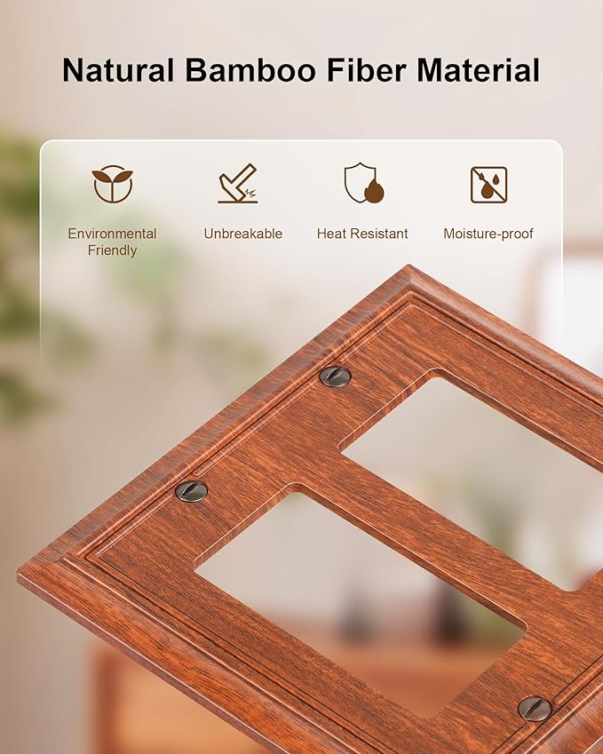 2-Pack Decorative Double Decorator Outlet Cover Plate, Wood Grain Durable Natural Bamboo Fiber Wall Plates for Electrical Outlets, Receptacle, GFCI Outlet, Dimmer Switch, 2-Gang, Corrosion Resistant