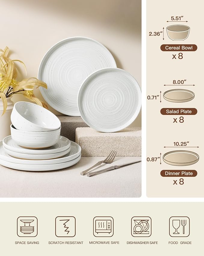 Stoneware Dinnerware Set for 8, Plates and Bowls, Chip & Scratch Resistant - Image 8