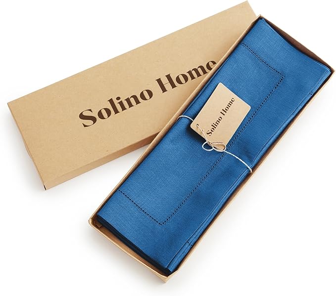Solino Home Linen Placemats Set of 4 - Classic Hemstitch Indigo Blue Placemats 14 x 19 Inch - 100% Pure Linen Table Mats for Winter, Spring, Easter