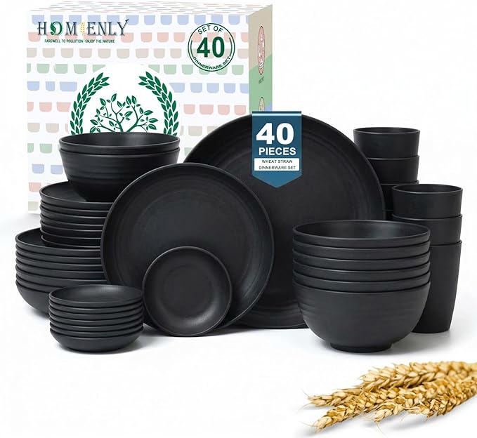 Plates and Bowls Sets, 40-Piece Modern Wheat Straw Dinnerware Sets by HOMIENLY