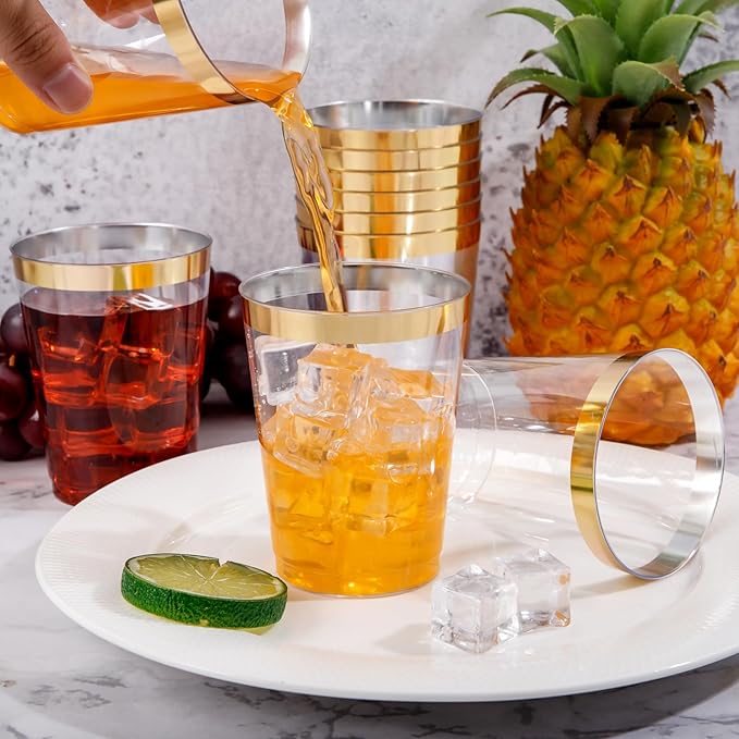 DaYammi 200 Pack Gold Plastic Cups 10 Oz Clear Cup Gold Rimmed Disposable Wine Glasses Fancy Disposable Party Cups Tumblers Drinking Cup Plastic Cocktail Glasses gold disposable cups for Party Wedding