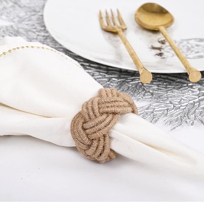 Nautical Jute Napkin Rings - Handmade Rustic Woven Coastal & Farmhouse Table Decor for Dining, Weddings, Parties & Home Entertaining - Napkin Rings Set of 12 (Brown) - ALPHA Living HOME