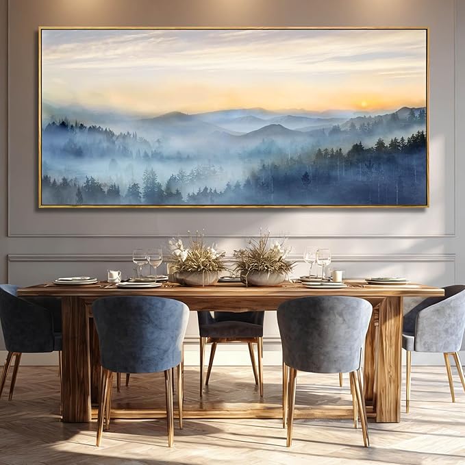 YJYart Blue Prints for Wall Decor Forest Wall Art Mountain Canvas Pictures 40"x86" Large Posters for Dining Room Office Artwork
