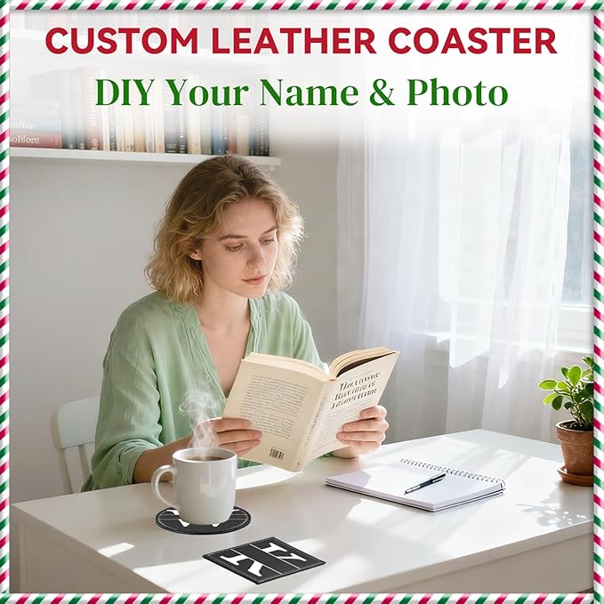 Custom Leather Coaster, Personalized Set of 6 Coasters for Drinks with Holder, DIY Logo Name Image, Durable, Non-Slip, Waterproof Leather Coaster for Home, Office, Bar, Cup Housewarming