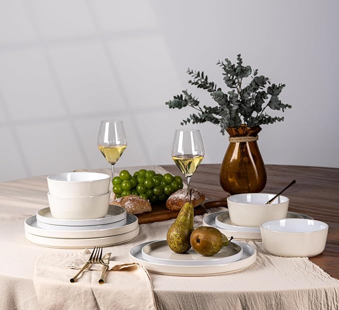 AmorArc Ceramic Dinnerware Set | Stoneware Plates and Bowls | Scratch Resistant,Dishwasher & Microwave Safe Dishes Sets-cream