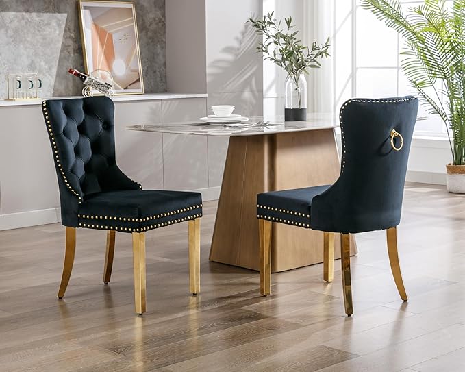 KCC Velvet Dining Chairs Set of 6, Upholstered High-end Tufted Dining Chair with Nailhead Back Ring Pull Trim Stainless Steel Legs, Contemporary Nikki Collection Modern Style for Kitchen, Black