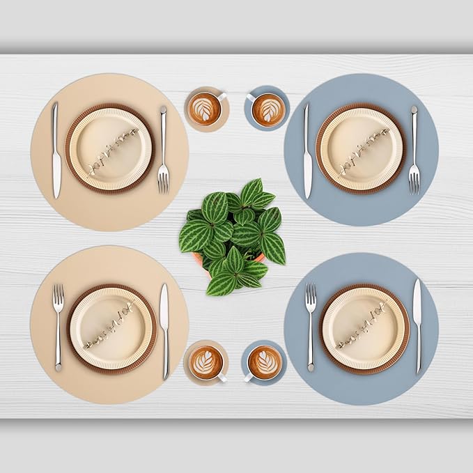 Myir JUN Round Placemats Set of 6 Faux Leather Place Mats and Coasters 15 inch Round Table Mats Dual Sided Non-Slip Stain Resistant Placemats (Camel Yellow & Blue, Set of 6)