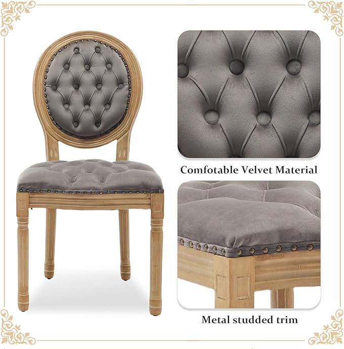 SoarFlash French Dining Chairs Set of 2, Vantage Dining Chair with Round Back, Wood Leg Farmhouse Country Velvet Dining Chair for Kitchen,Bedroom,Grey