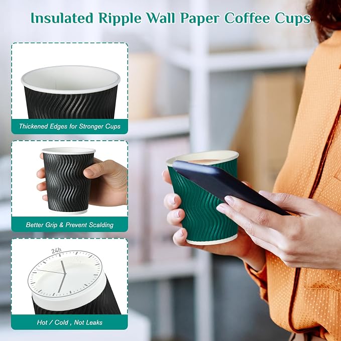 MUCHII 10 oz Insulated Paper Coffee Cups, Disposable, Ripple Design - Image 7