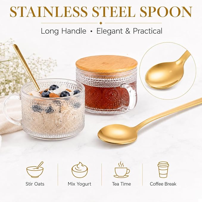 Semderm Vintage Glass Coffee Mugs Set of 4, Overnight Oats Containers - 14oz - Image 7