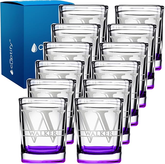 Personalized Square Shot Glasses Set of 12 Purple Bottom 2oz Engraved Initial and Name Custom Gifts, Weddings, Birthdays, Party, Event, Decorations