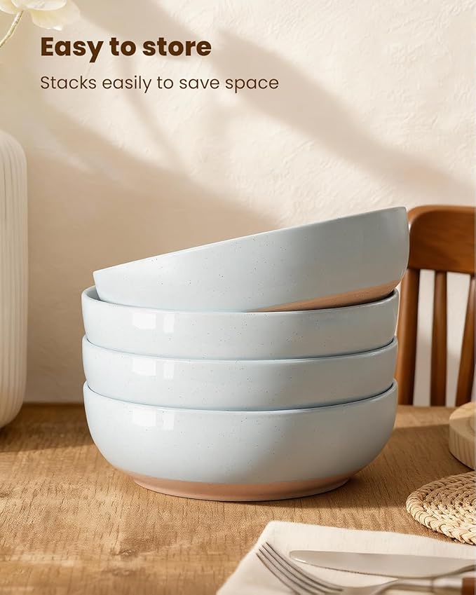 Pasta Bowls Set of 8, 34oz Speckled Ceramic Bowls Set for Serving Salad, Pasta, Soup, Dinner, 8" Wide and Deep Bowls, Dishwasher & Microwave Safe, Matte Terracotta Base (Gray White)