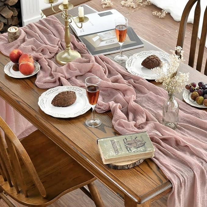 Artoid Mode Boho Cheesecloth Gauze Dusty Pink Wedding Table Runner, 120 Inch - Image 3