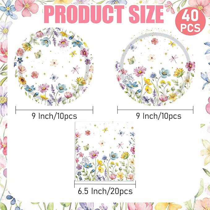 40 Pcs Spring Wildflower Plates and Napkins Sets-Disposable Floral Paper Plates - Image 2