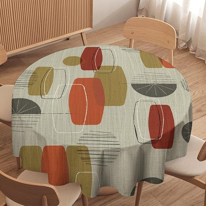 Retro Medieval Bohemian Round Tablecloth, Modern Mid Century Geometric Abstract Print Tablecloth for Home Party Dining Room Kitchen Decor 50Inch(127cm)