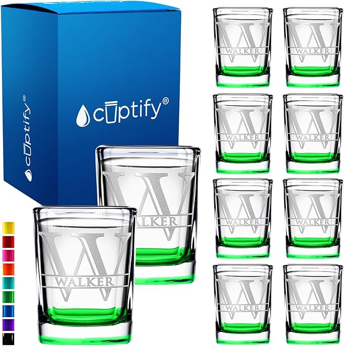Personalized Glasses Split Script Initial and Name Set of 10 2oz Green Bottom Etched Square Shot Glass Engraved with Custom Text Birthday Gift for Men and Women