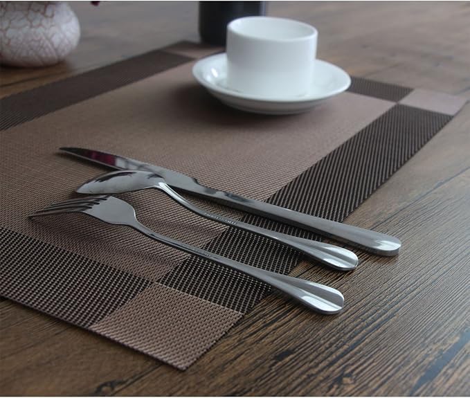 Placemats Washable Easy to Clean PVC Placemat for Kitchen Table Heat-resistand Woven Vinyl Table Mats 12x18 inches Set of 6 （Brown）
