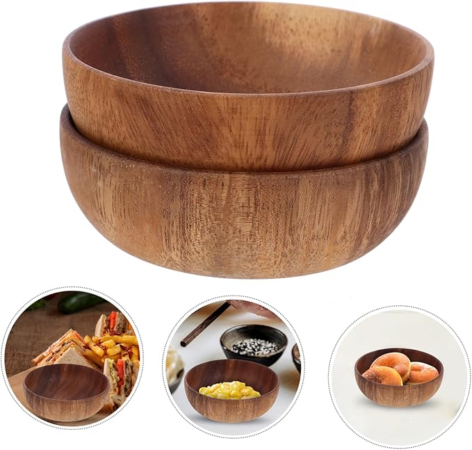 2Pcs Acacia Small Serving Bowl Set Flat Bottom Bowls for Salad and Dessert Smooth Finish for Entertaining and Everyday Use