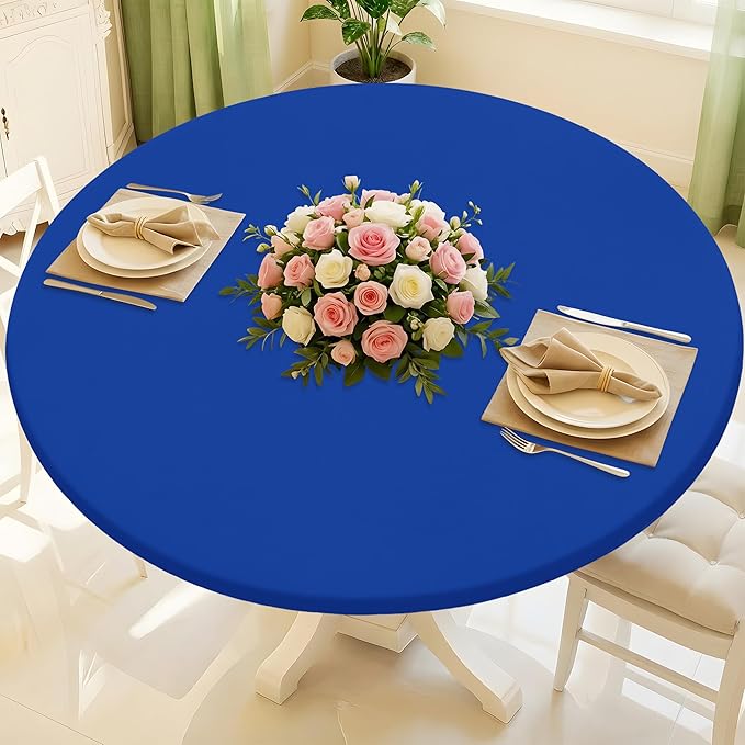 Round Spandex Tablecloth, Elastic Fitted Waterproof Tablecloths for 42"-50" Tables, Stretch Washable Picnic Table Cover for Camping, Dining, Indoor and Outdoor, Blue
