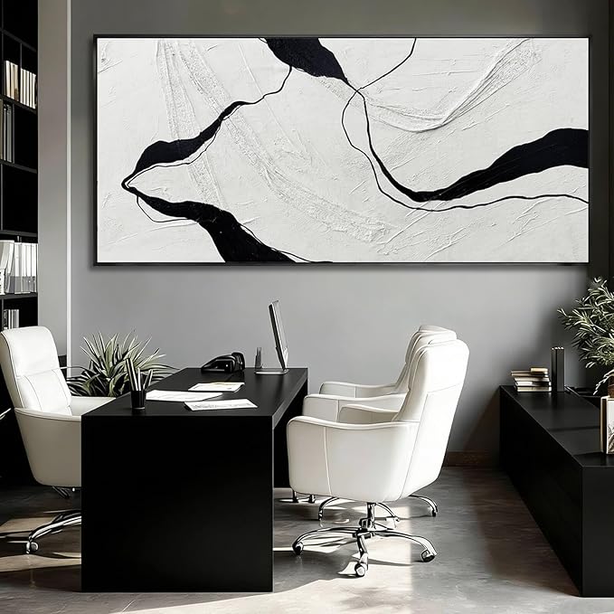 Extra Large Black Line Abstract Hand Painted Canvas Wall Art Gray and Black Minimalist Modern Painting with Framed for Living Room Bedroom Office Wall Decor 40x88 Inch