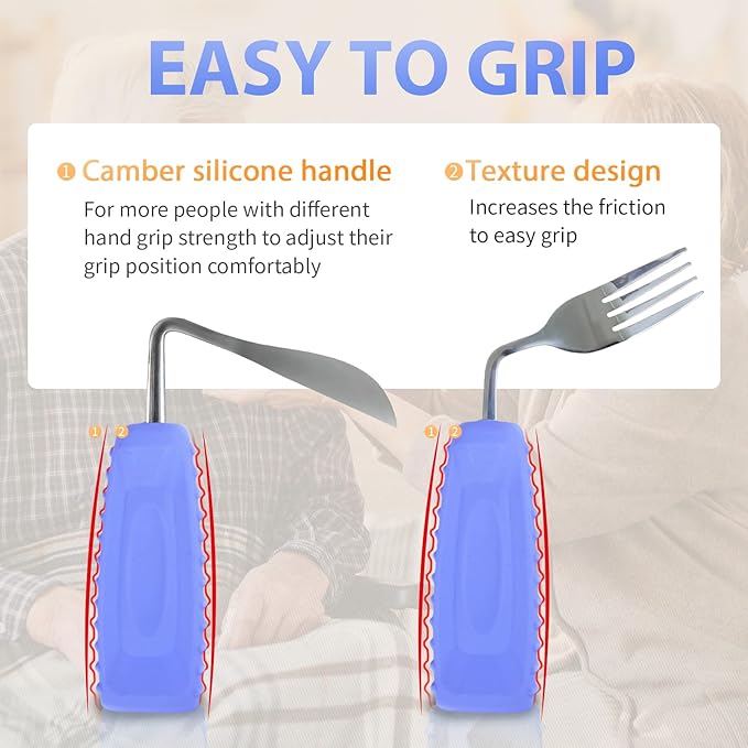 Adaptive Utensils Angled Knife and Fork for Hand Tremors Parkinsons,Weighted Utensils with Non-Slip Easy Grip Handles for Independent Eating (1pcs Bent Knife+1pcs Fork,Purple,Left Hand)