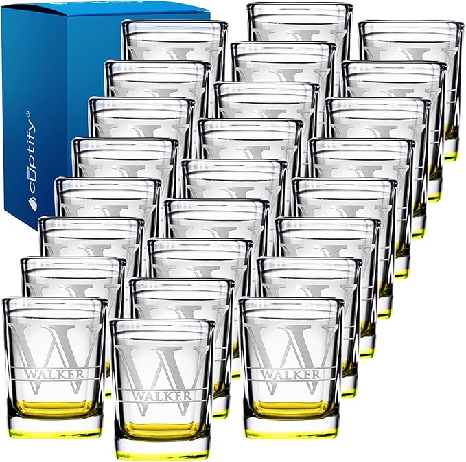 Personalized Square Shot Glasses Set of 25 Yellow Bottom 2oz Engraved Initial and Name Custom Gifts, Weddings, Birthdays, Party, Event, Decorations