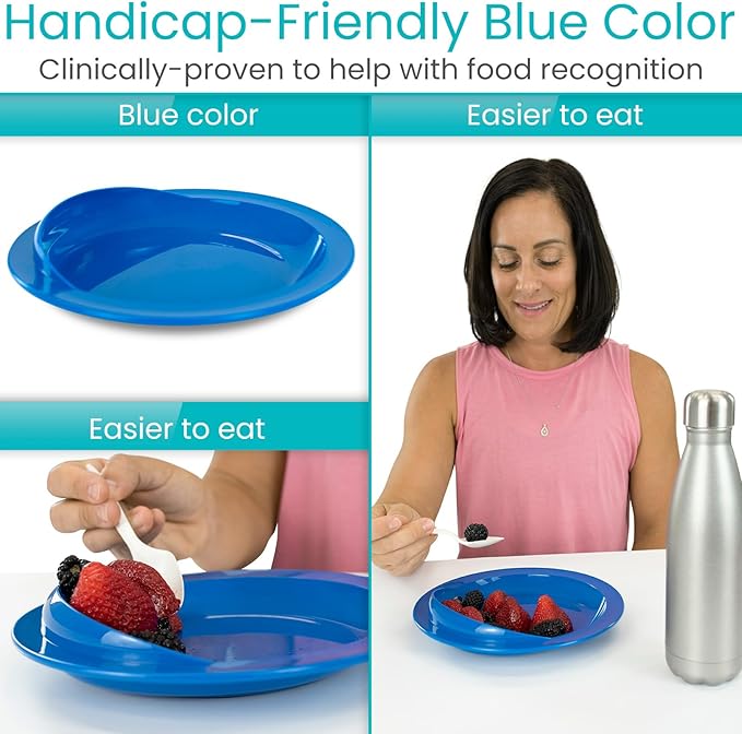 Vive Spill-Proof Scoop Plate, 9" (2 Pack) - Dish with Wall for Disabled, Handicapped, Elderly Adults with Special Needs from Parkinsons, Dementia, Stroke, Tremors with - Non Skid Padded Bottom