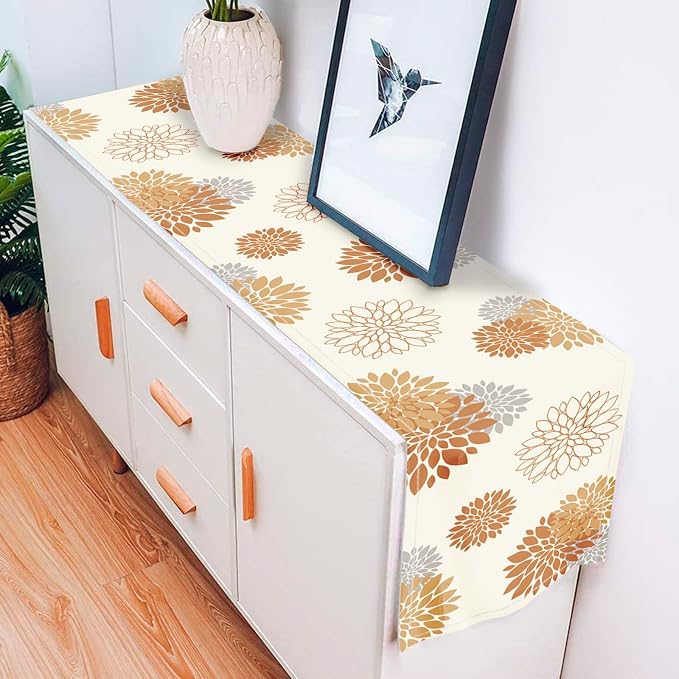 Fall Table Runner Orange Grey Dahlia Pinnata Floral Table Runners Modern - Image 4