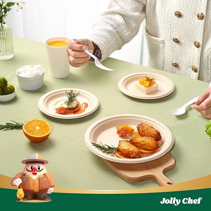 JOLLY CHEF Compostable Heavy Duty Plates 𝟳 𝗶𝗻𝗰𝗵 𝗮𝗻𝗱 𝟵 𝗶𝗻𝗰𝗵 [𝟭𝟮𝟬 𝗣𝗮𝗰𝗸] Eco-Friendly Disposable Paper Plates Bagasse Biodegradable Sugarcane for Party Hot Cold Foods Christmas(Brown)