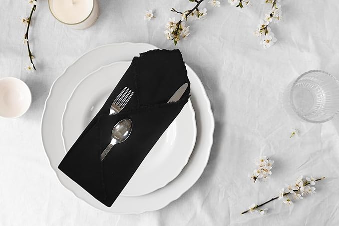 ACCENTHOME Black Cotton Linen Napkin Set of 12 18x18 inch Dinner Napkins - Washable Soft Premium Hotel Quality Reusable Hemmed Edges Napkins Perfect Table Linens for Family Dinners, Weddings