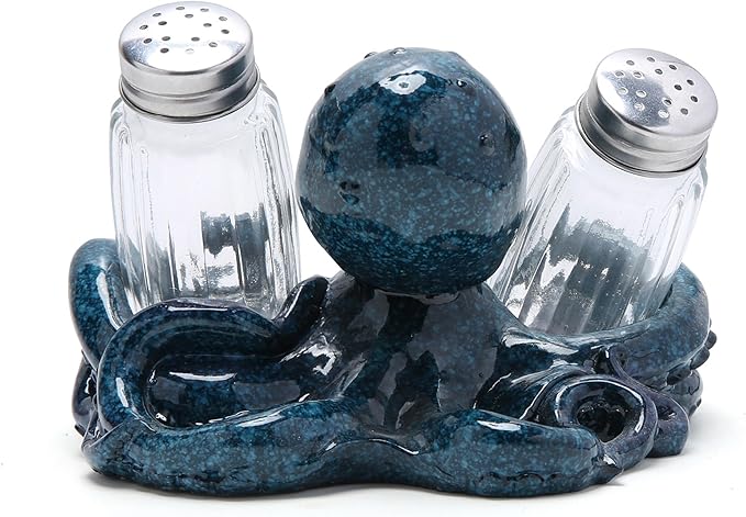 Hodao Octopus With Salt and Pepper Shaker Figurines Decorations Octopus Set with Holder Figurine for Beach Bar or Tropical Kitchen Decor Octopus Table Decorations By Home Gifts (Octopus)