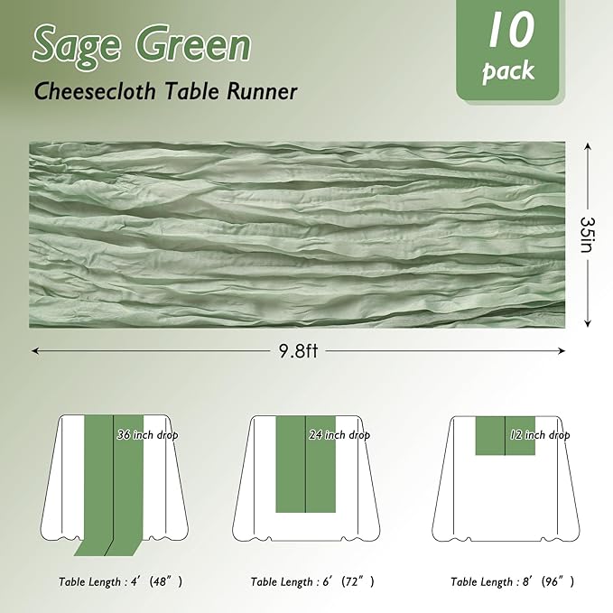 1 Pack Sage Green Cheesecloth Table Runner 120 Inch Boho Wedding Decor | - Image 2