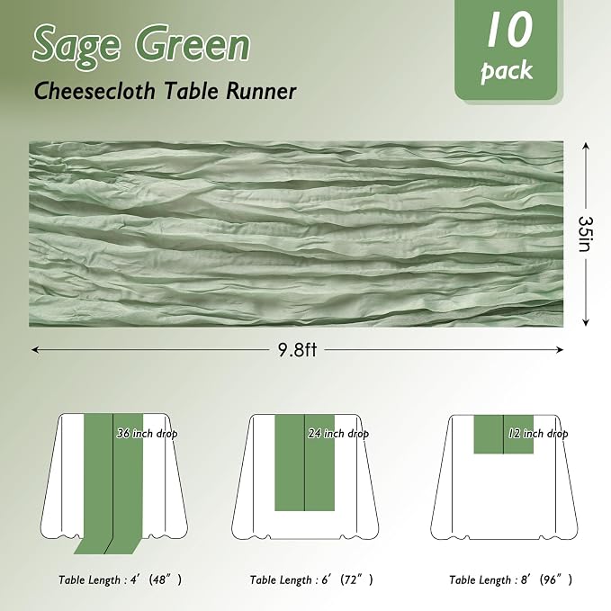 3 Pack Sage Green Cheesecloth Table Runner 120 Inch Boho Wedding Decor | - Image 2