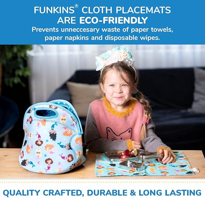 Funkins Reusable Cloth Placemats for Kids & Lunch Boxes | Reusable, Eco-Friendly | 15"x13", 2-ply, Thick, Absorbent, Machine Washable | Set of 2 Placemats (Ballerinas)