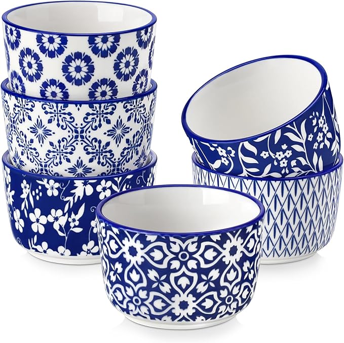 vancasso Selene 4 oz Mini Ceramic Ramekins Set of 6, Oven-Safe Baking Cups for Crème Brûlée, Soufflés, Desserts, Handcrafted Blue and White Patterns