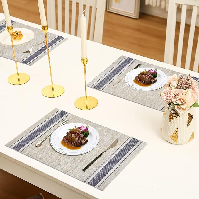 DACHUI Placemats Set of 8, Soft & Elegant Woven Vinyl Place Mats, Water Resistant, Heat Resistant, Washable, Durable Table Mats (Blue Stripes)