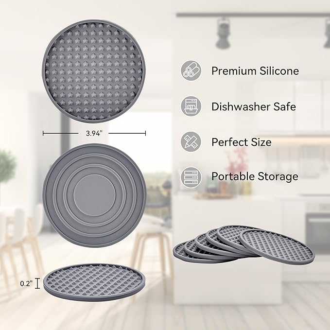 Coasters for Drinks, Silicone Coasters Set of 8 with Metal Holder, Outdoor Coaster for Coffee Table, Non-Slip Rubber Table Cup Mat Desk, Heat Resistant & Scratch-Proof (Grey)