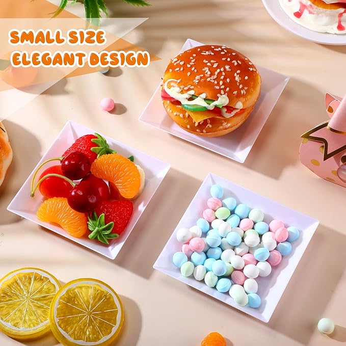Zhehao 100 Pcs Plastic Dessert Appetizer Plates Disposable, 3.6 x 3.6 Inch Small Square Plastic Dessert Cake Plate for Party, Valentine's Day Wedding Birthday Bridal Baby Shower Supplies (White)