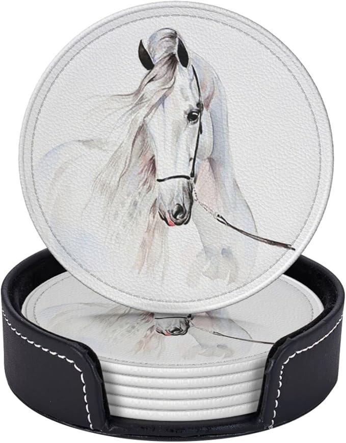 6 Pcs White Horse Animal Leather Coasters - Image 2
