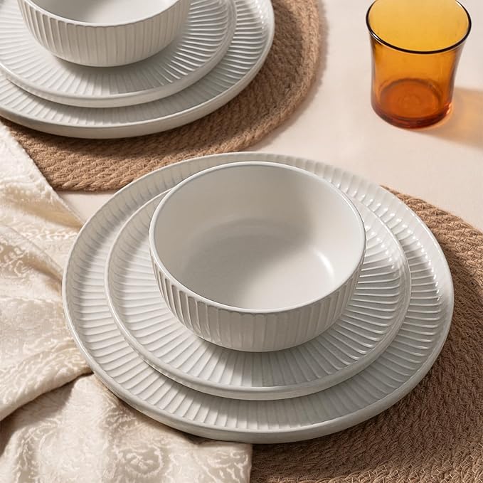 Famiware Starlight Plates and Bowls Dishes Set of 8 (24 Pieces), Ribbed Textured Stoneware Dinnerware Sets- Dishwasher & Microwave Safe, Chip Resistant, Matte Reactive White