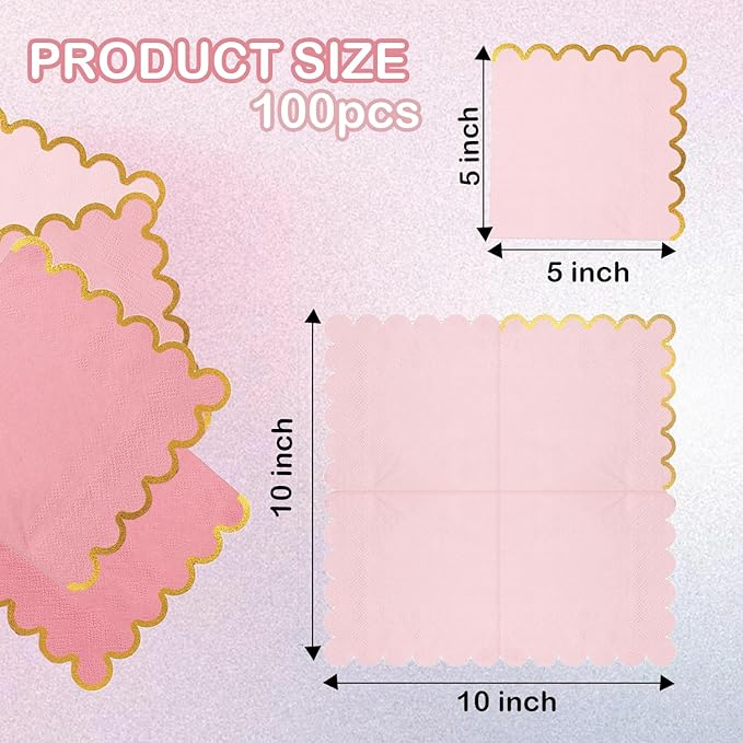 100 pack Pink Mix Cocktail Napkins with Gold Foil Accents Scalloped Edges 5 x 5 inch Beverage Disposable Napkin Party Decoration Wedding Bridal and Baby Shower Dinner Lunch Supplies
