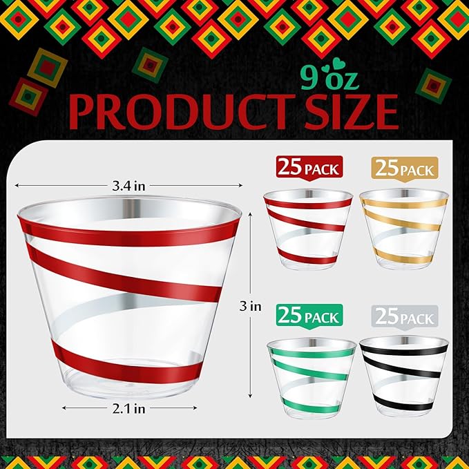 Gejoy 9 oz Rimmed Swirl Plastic Cups Disposable Wine Drinking Cups Clear Elegant Halloween Tumblers for Christmas Party Supplies(Black, Green, Red, Gold,100 Pcs)