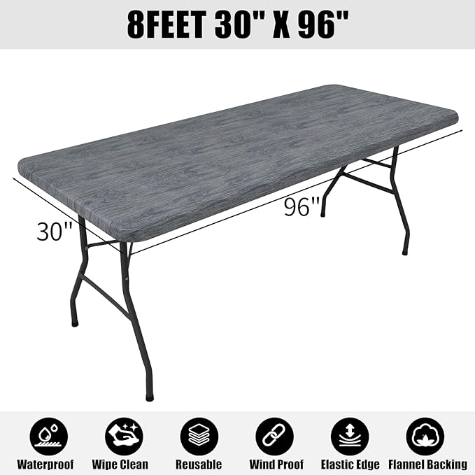 Smiry Rectangle Table Cloth Cover, Waterproof Elastic Fitted Picnic Tablecloth for 8 Foot Tables, Wipeable Flannel Backed Vinyl Tablecloths for Camping, Dining, Outdoor (Dark Grey, 30" x 96")