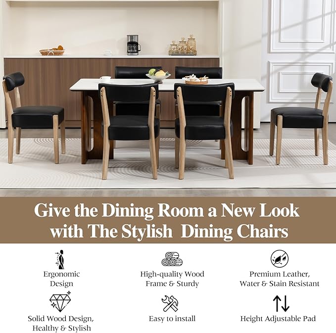 Modern Dining Chairs Set of 6 – Mid-Century Modern Faux Leather Upholstered Kitchen & Dining Room Chairs with Curved Back, Oversized Rounded Seat, Sturdy Wood Frame, Black