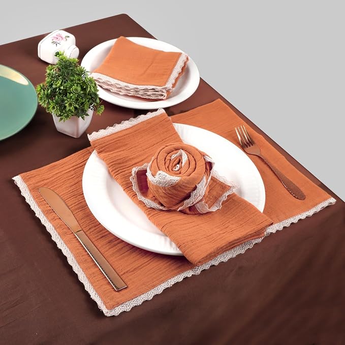 Fingercraft Dinner Cloth Napkin Cotton Muslin Double Gauze 8 Pack with Classic Lace for Everyday Use, Wedding, Party, Christmas, Easter Napkins Cloth are Pre Shrunk and Good Absorbency Rust
